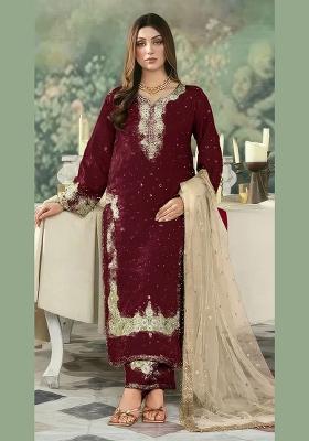 Maroon Embroidered Georgette Pakistani Suit