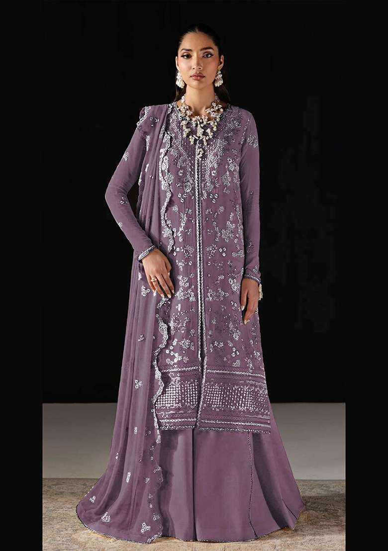 Purple Embroidered Chiffon Salwar Kameez - Indya