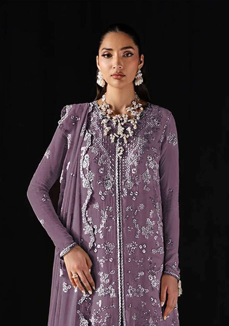 Purple Embroidered Chiffon Salwar Kameez - Indya