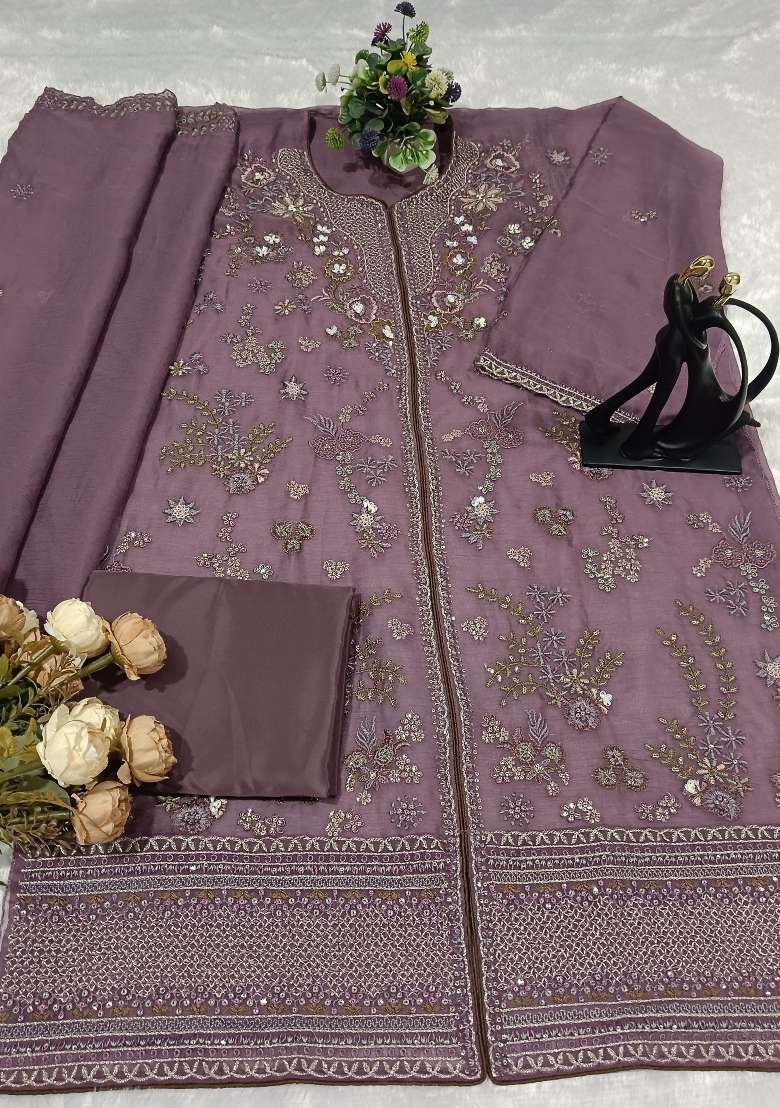 Purple Embroidered Chiffon Salwar Kameez - Indya
