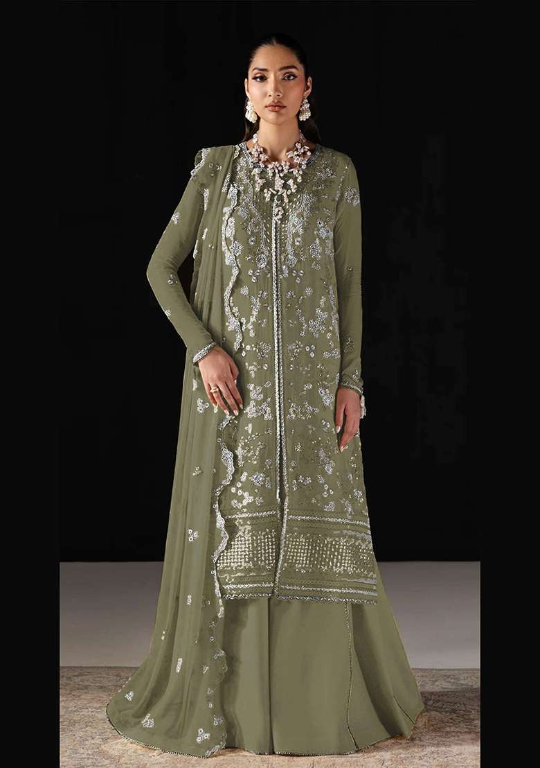Mehendi Embroidered Chiffon Salwar Kameez - Indya