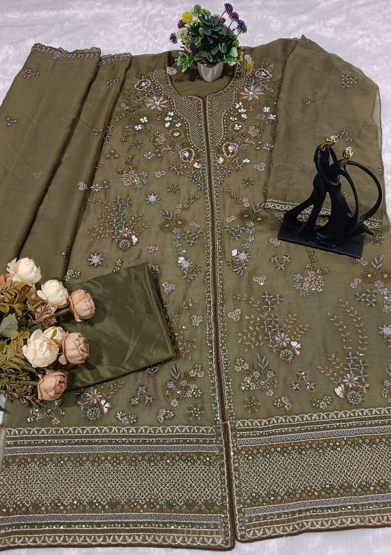 Mehendi Embroidered Chiffon Salwar Kameez - Indya