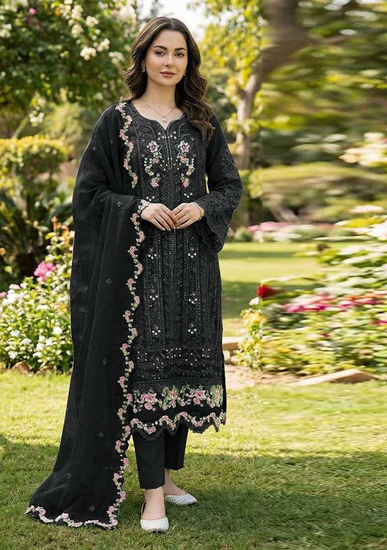 Black Crystals Chiffon Salwar Kameez - Indya