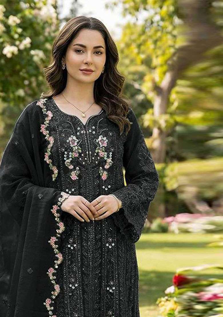 Black Crystals Chiffon Salwar Kameez - Indya