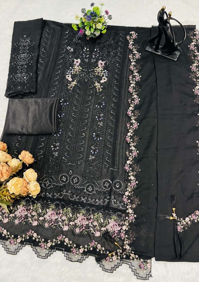 Black Crystals Chiffon Salwar Kameez - Indya