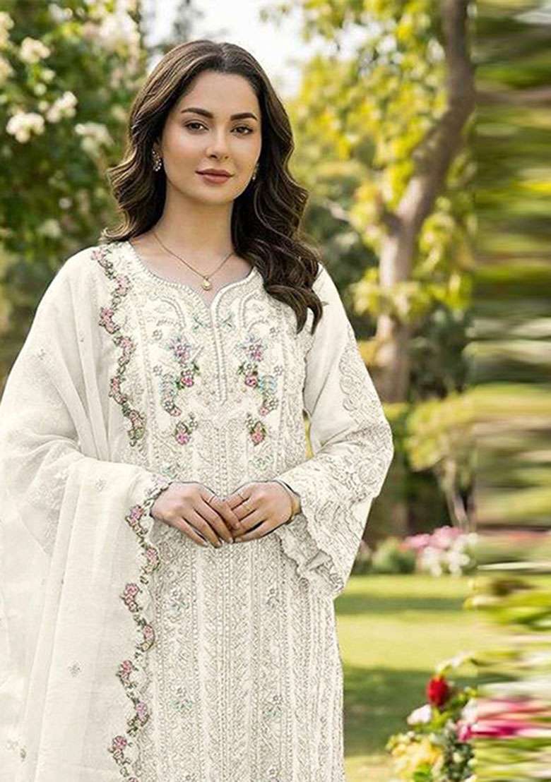 White Crystals Chiffon Salwar Kameez - Indya