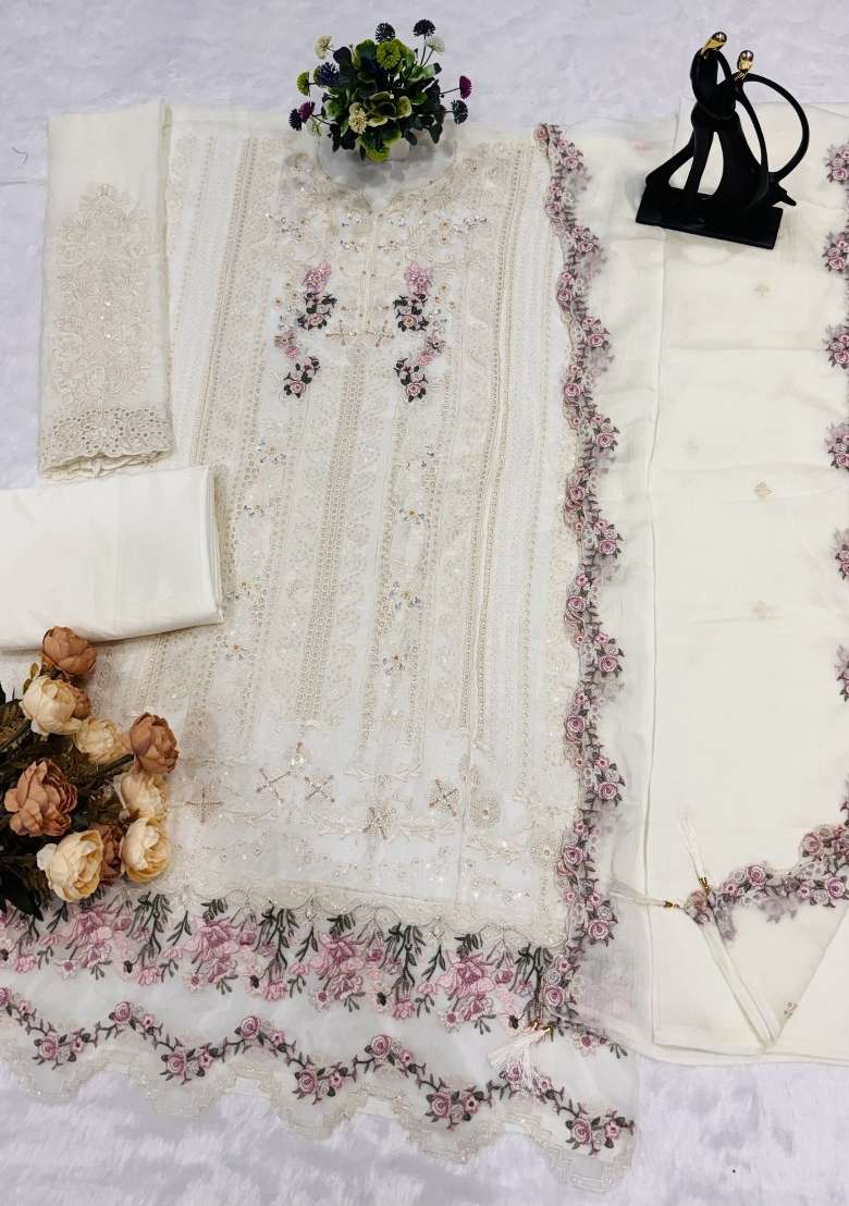 White Crystals Chiffon Salwar Kameez - Indya