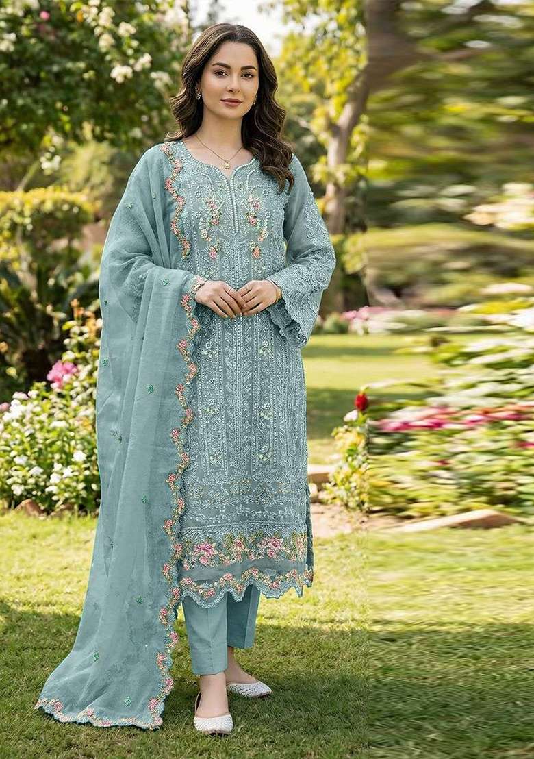 Blue Crystals Chiffon Salwar Kameez - Indya