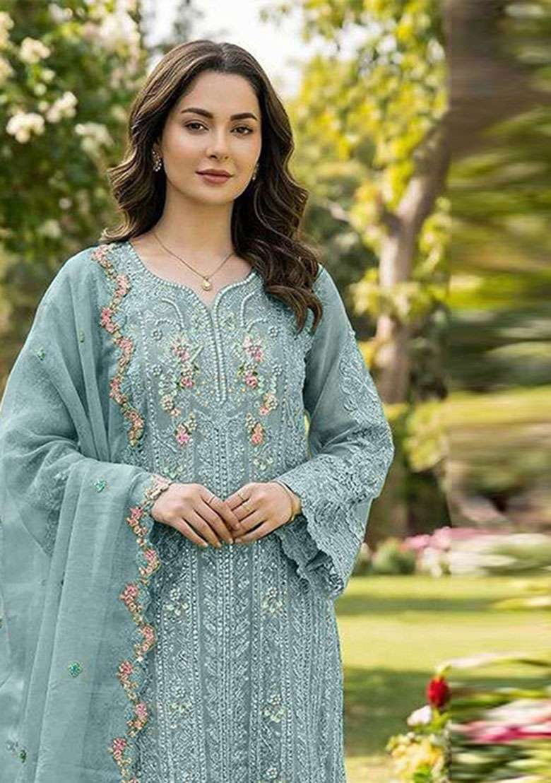 Blue Crystals Chiffon Salwar Kameez - Indya