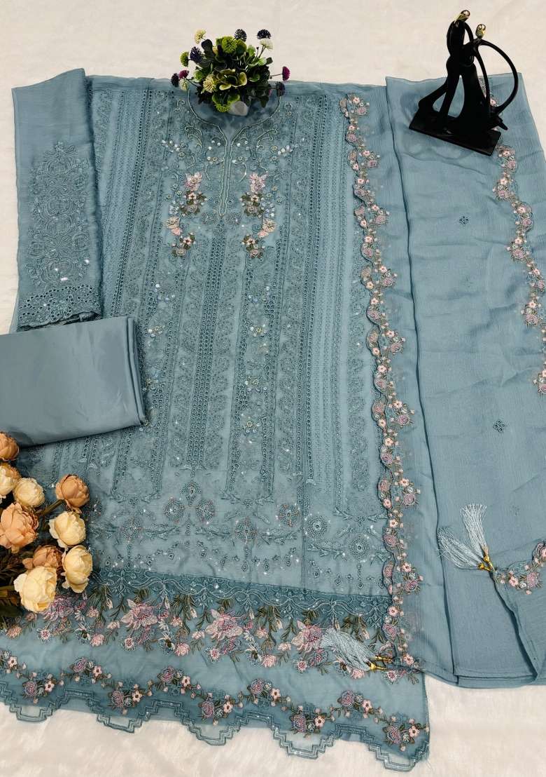 Blue Crystals Chiffon Salwar Kameez - Indya