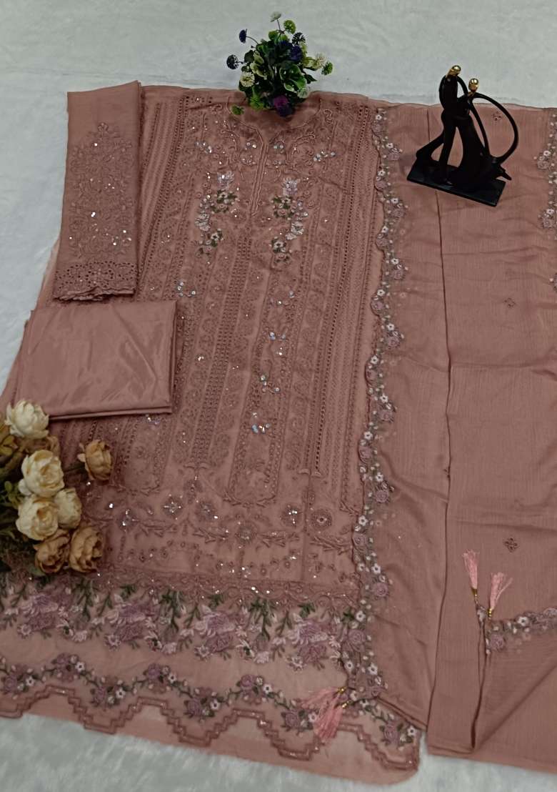 Peach Crystals Chiffon Salwar Kameez - Indya