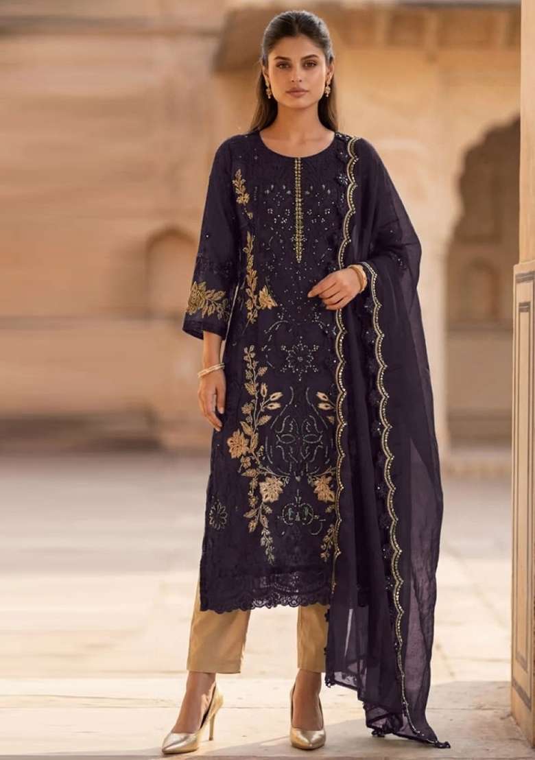 Purple Embroidered Silk Blend Salwar Kameez - Indya