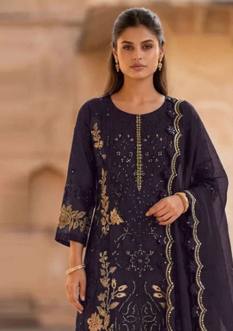 Purple Embroidered Silk Blend Salwar Kameez - Indya