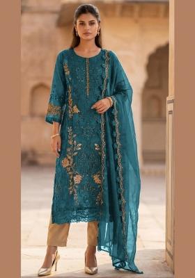 Teal Blue Embroidered Silk Salwar Kameez