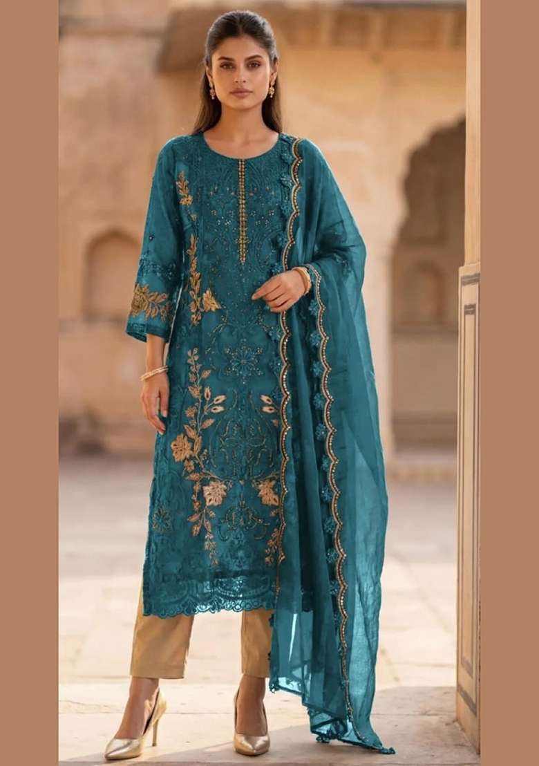 Teal Blue Embroidered Silk Blend Salwar Kameez - Indya