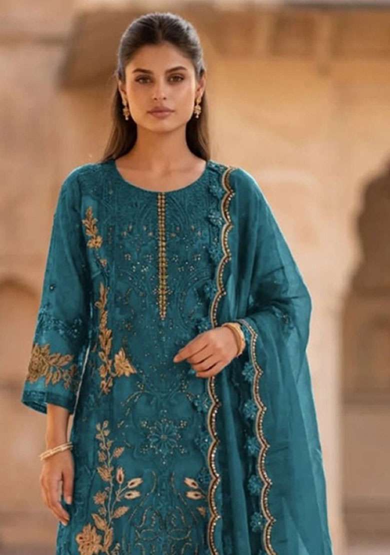 Teal Blue Embroidered Silk Blend Salwar Kameez - Indya