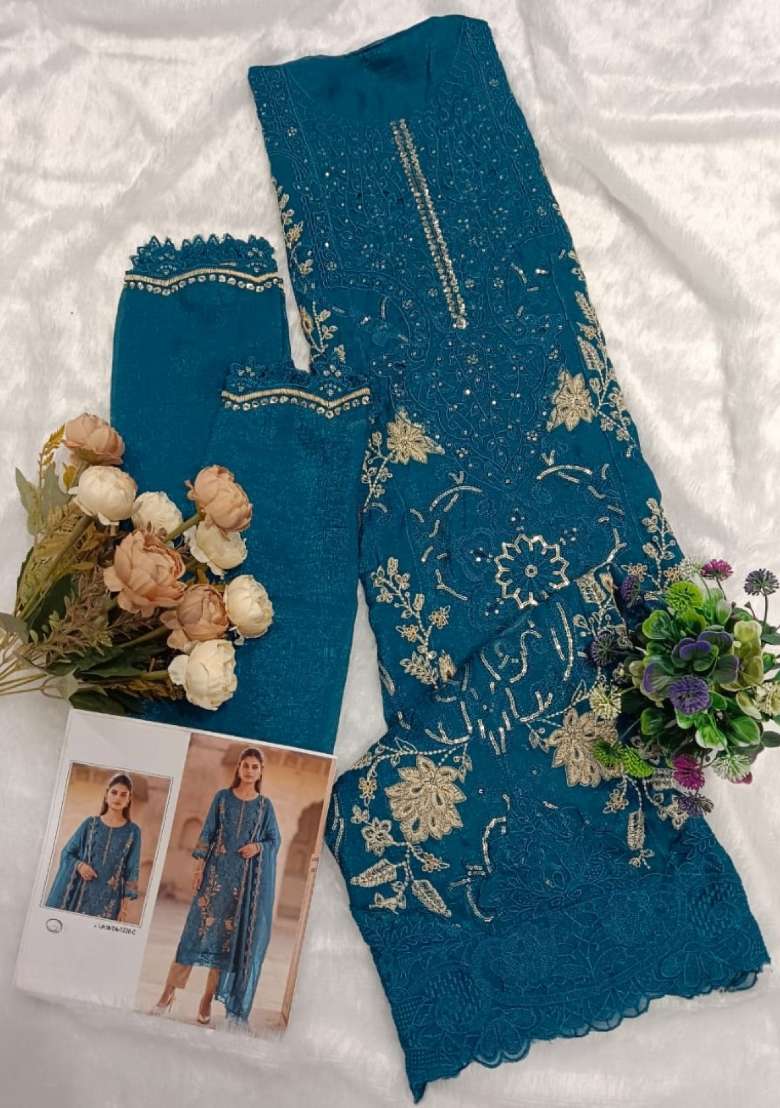 Teal Blue Embroidered Silk Blend Salwar Kameez - Indya