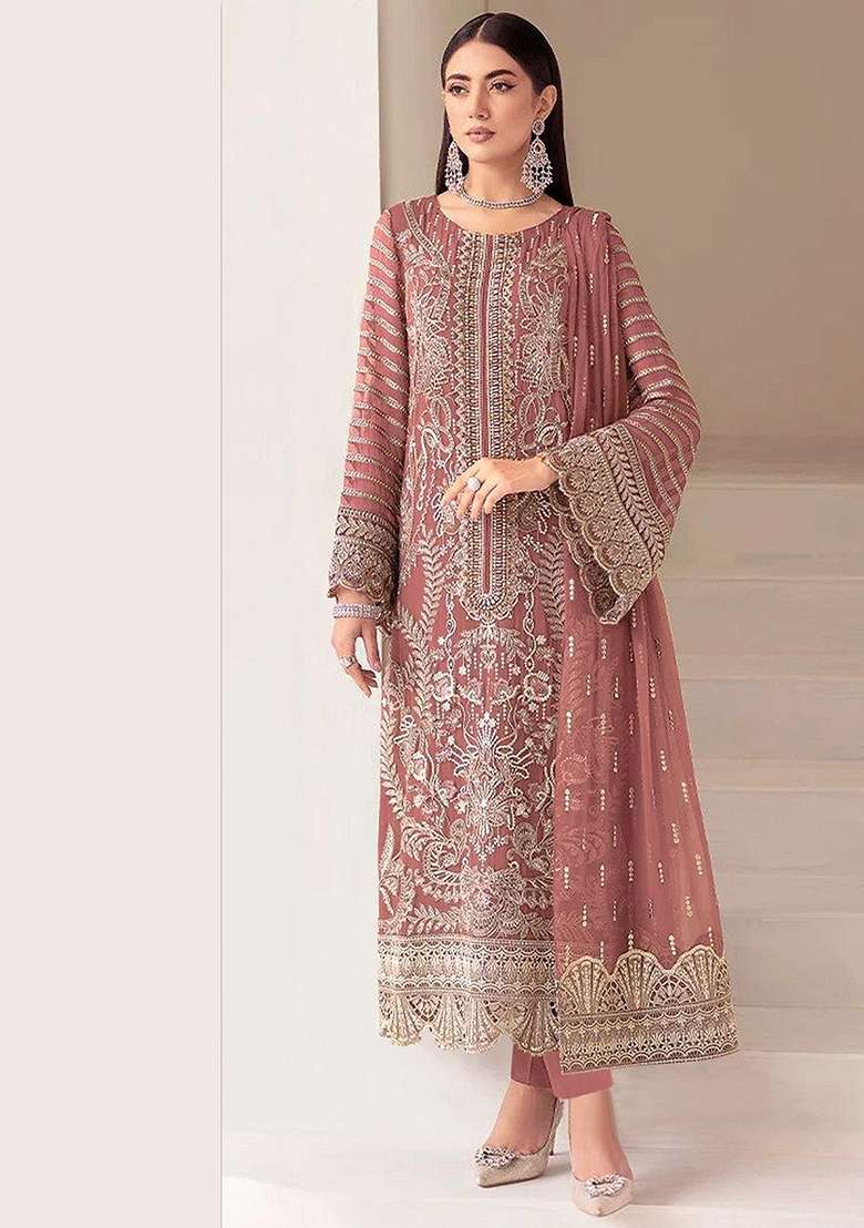 Brown Embroidered Georgette Pakistani Suit - Indya