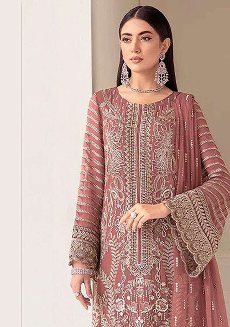 Brown Embroidered Georgette Pakistani Suit - Indya