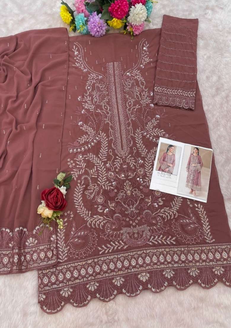 Brown Embroidered Georgette Pakistani Suit - Indya