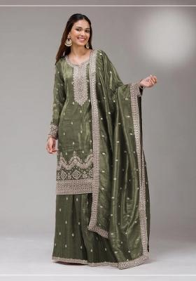 Green Embroidered Silk Pakistani Suit