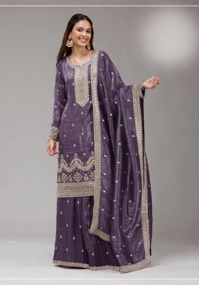 Dark Lavender Embroidered Silk Pakistani Suit