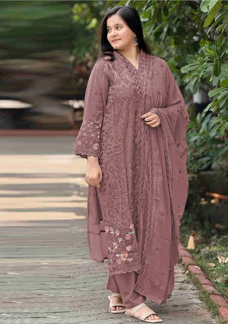 Purple Embroidered Georgette Salwar Kameez - Indya