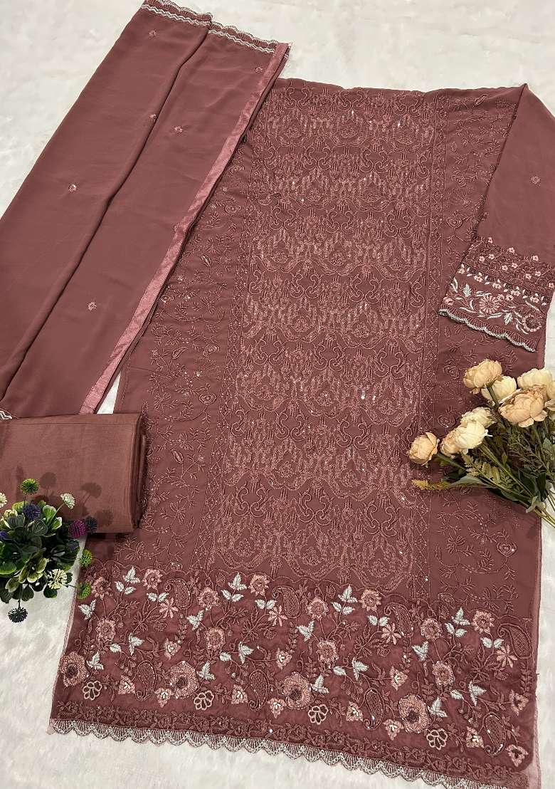 Purple Embroidered Georgette Salwar Kameez - Indya