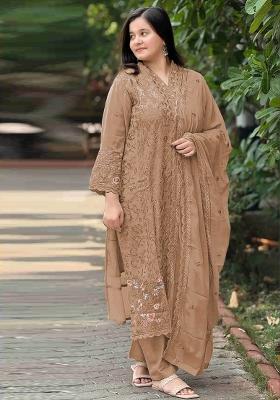 Brown Embroidered Georgette Salwar Kameez