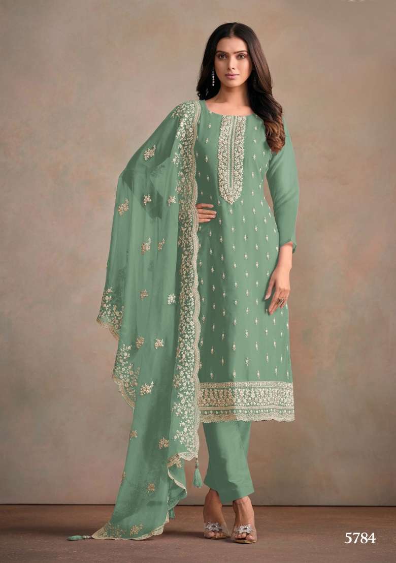 Light Green Embroidered Organza Salwar Kameez - Indya
