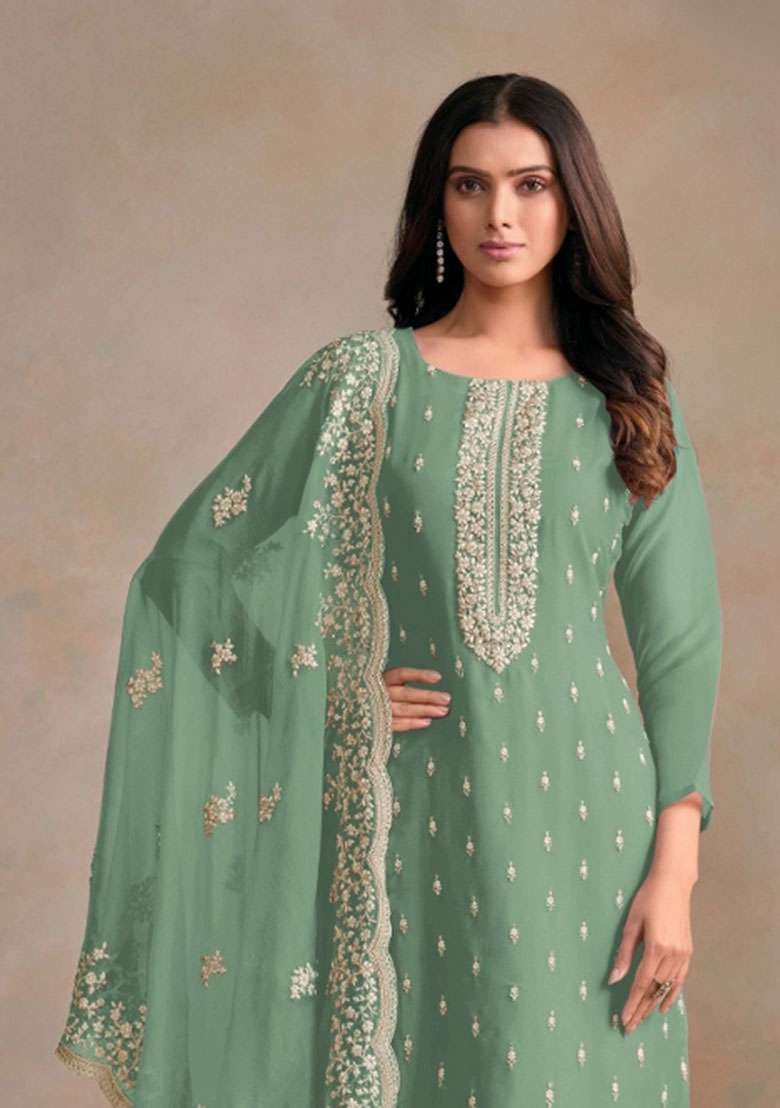 Light Green Embroidered Organza Salwar Kameez - Indya