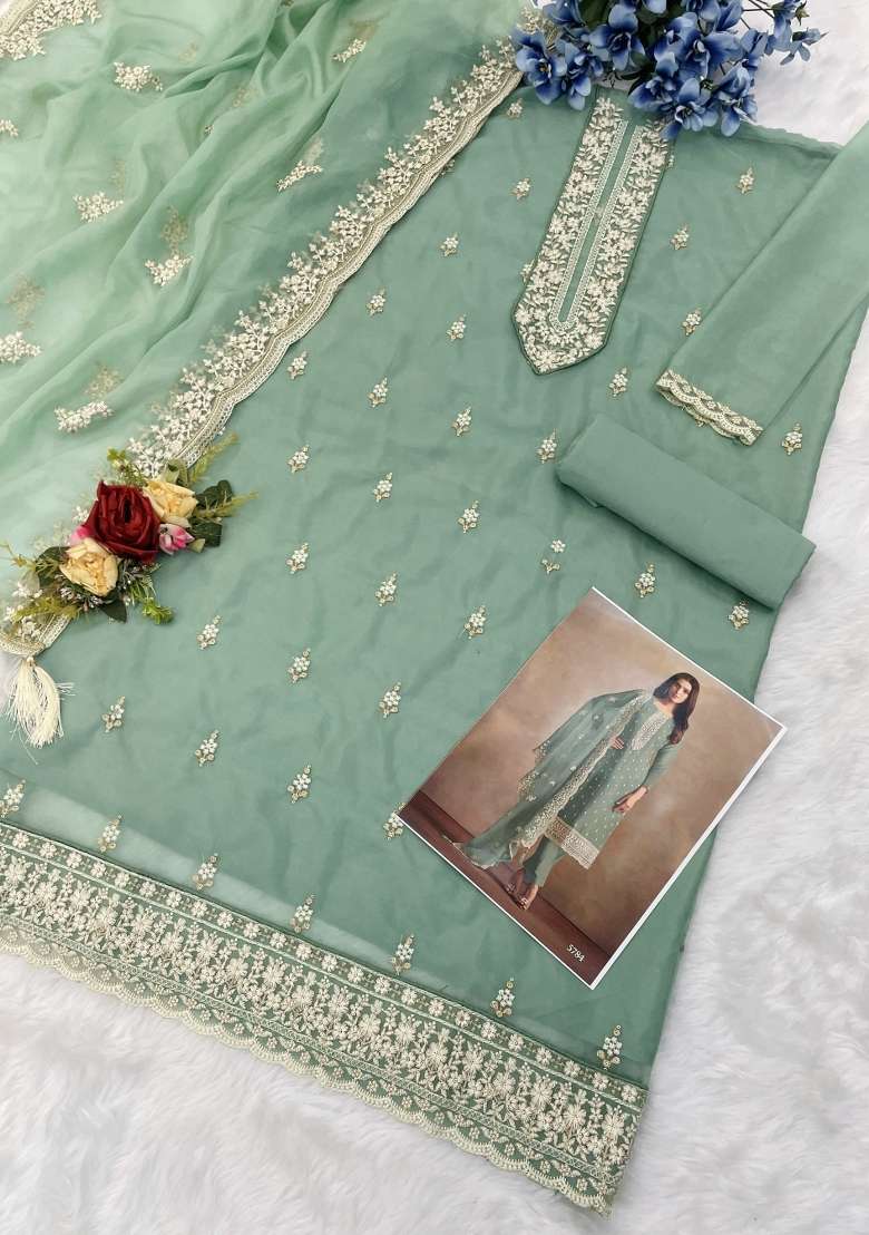 Light Green Embroidered Organza Salwar Kameez - Indya