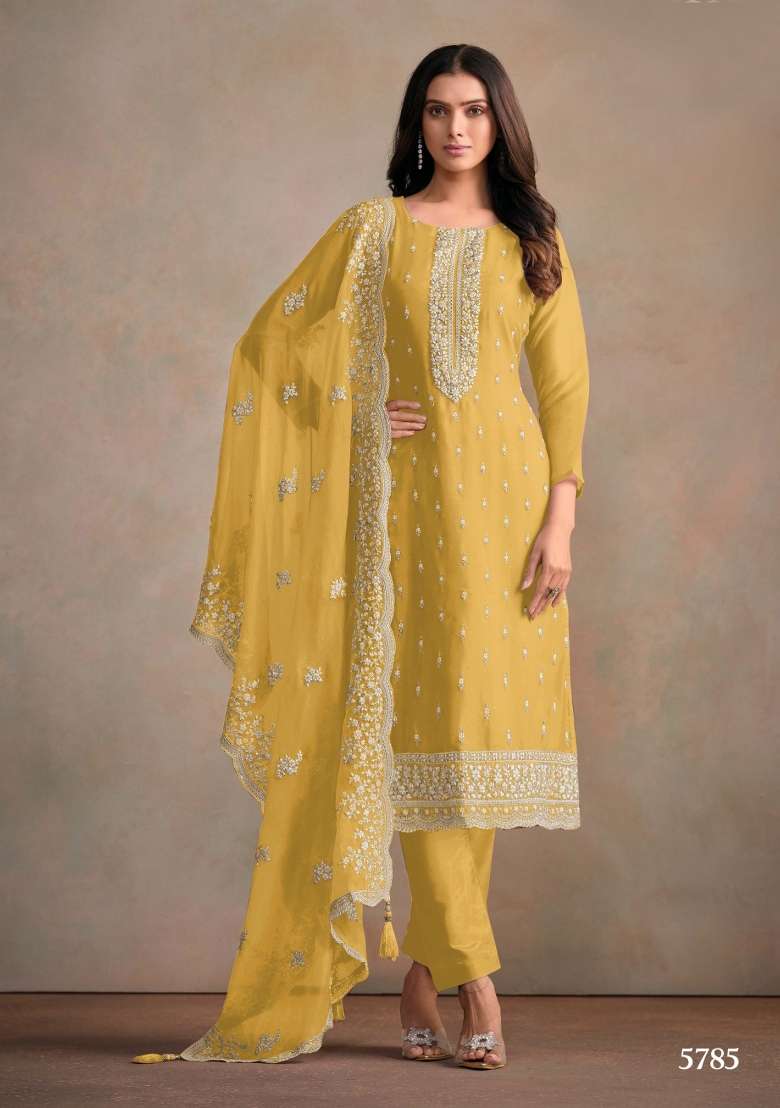 Yellow Embroidered Organza Salwar Kameez - Indya