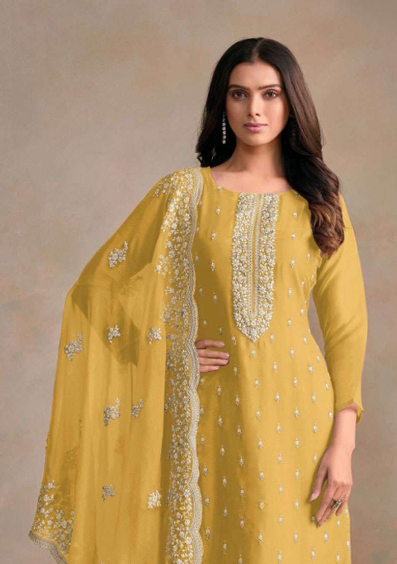 Yellow Embroidered Organza Salwar Kameez - Indya