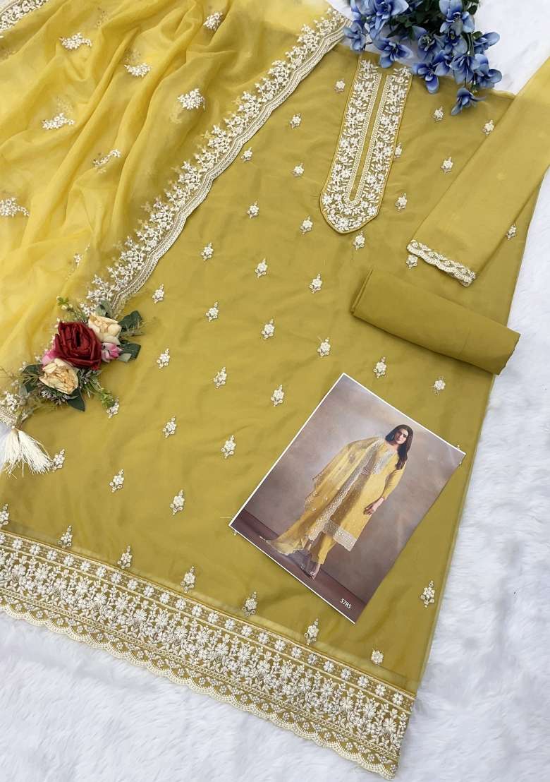 Yellow Embroidered Organza Salwar Kameez - Indya