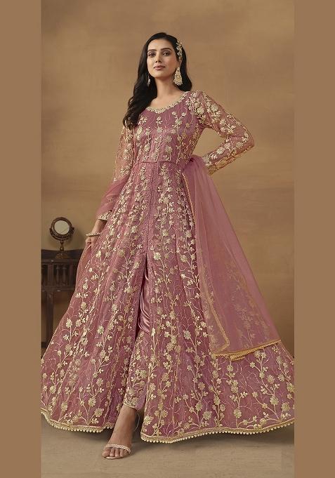 Pink Embroidered Net Anarkali Set