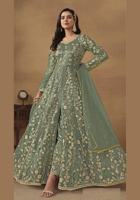 Light Green Embroidered Net Anarkali Set