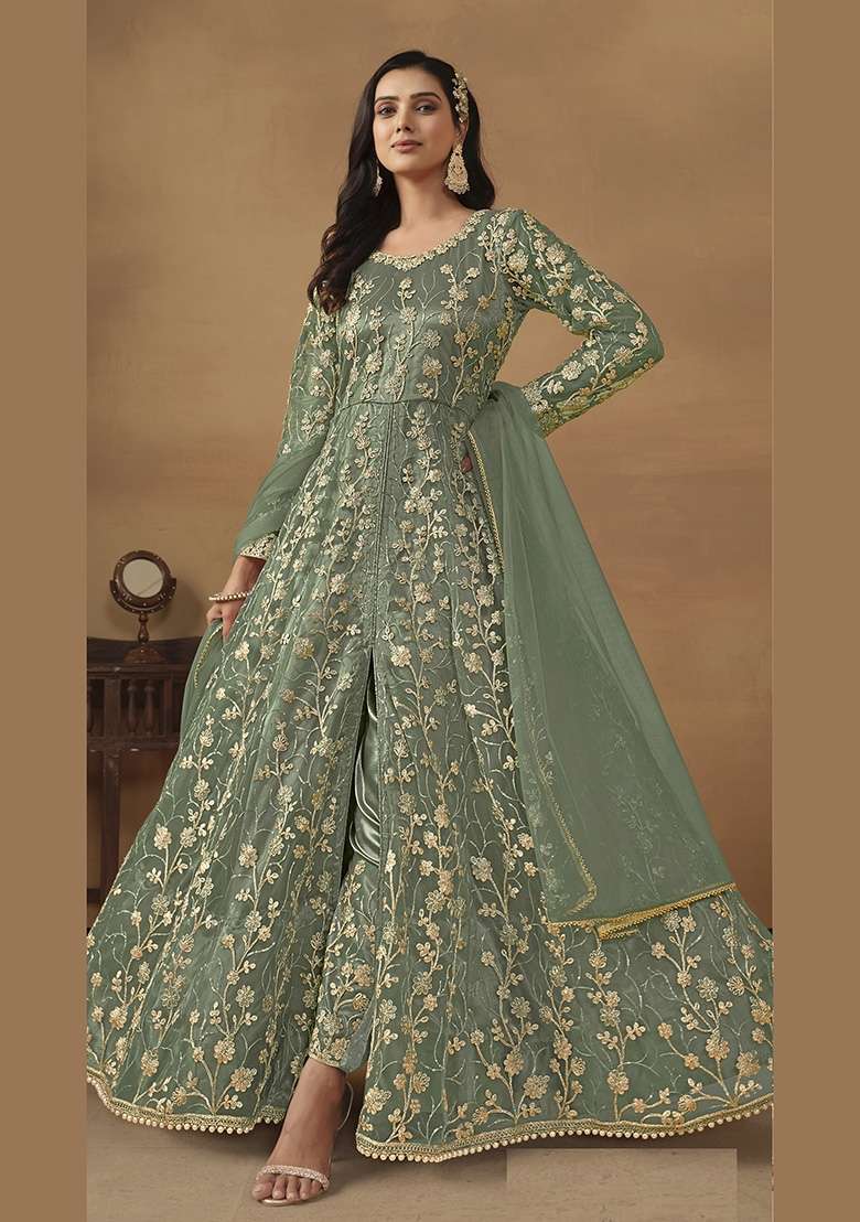 Light Green Embroidered Net Anarkali Set - Indya