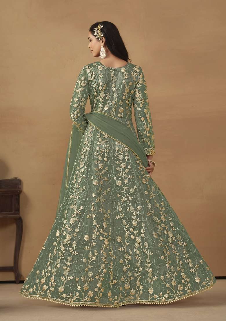 Light Green Embroidered Net Anarkali Set - Indya