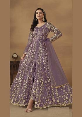 Purple Embroidered Net Anarkali Set