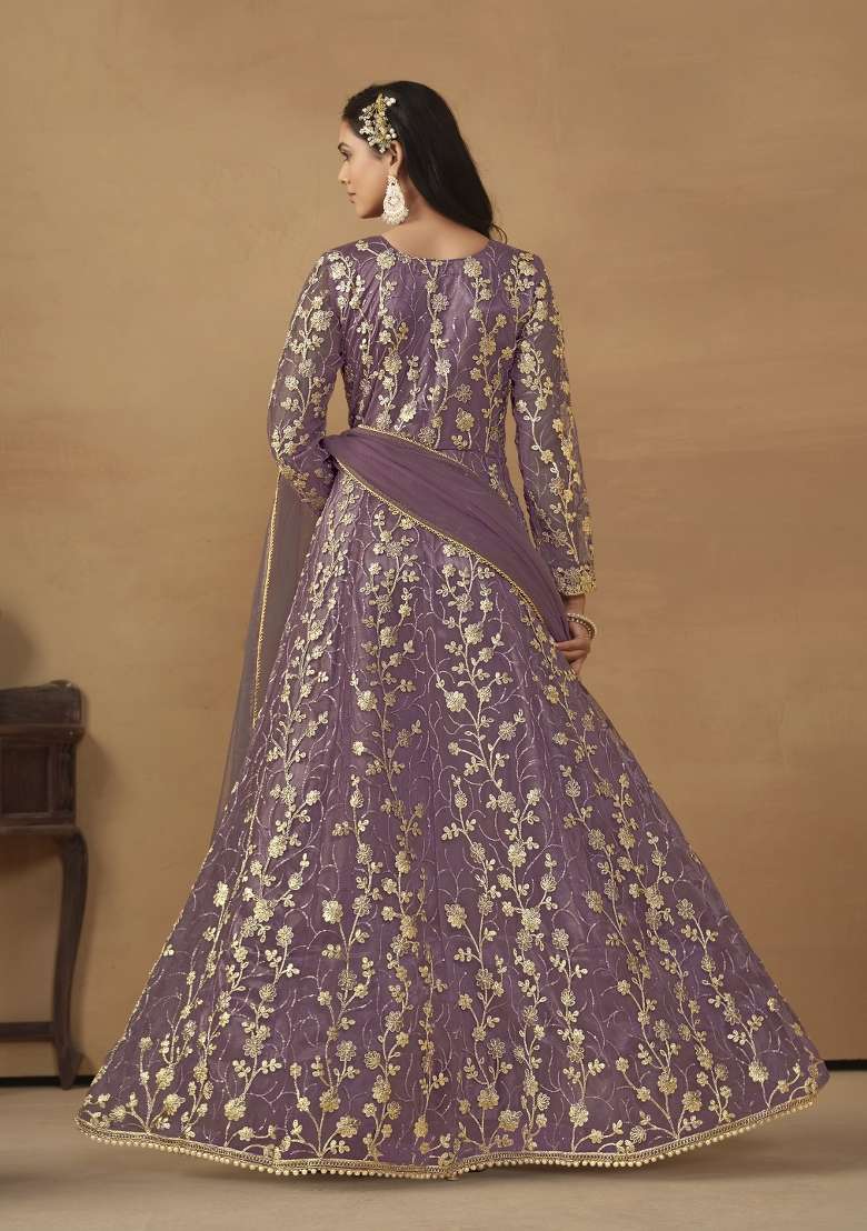 Purple Embroidered Net Anarkali Set - Indya