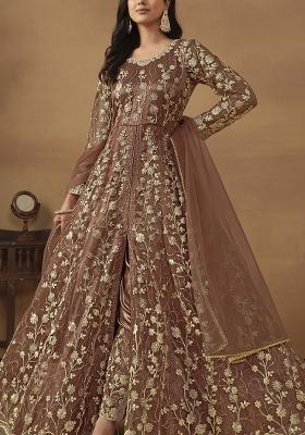 Brown Embroidered Net Anarkali Set