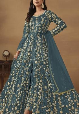 Dark Grey Embroidered Net Anarkali Set