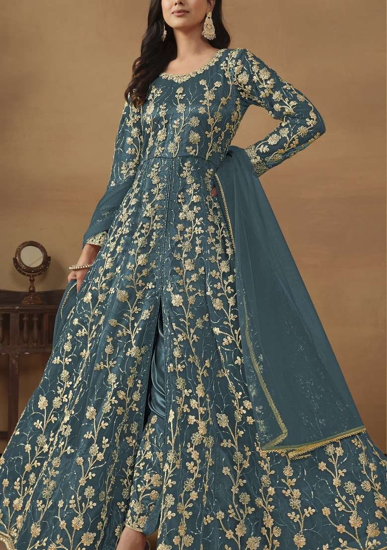 Dark Grey Embroidered Net Anarkali Set - Indya
