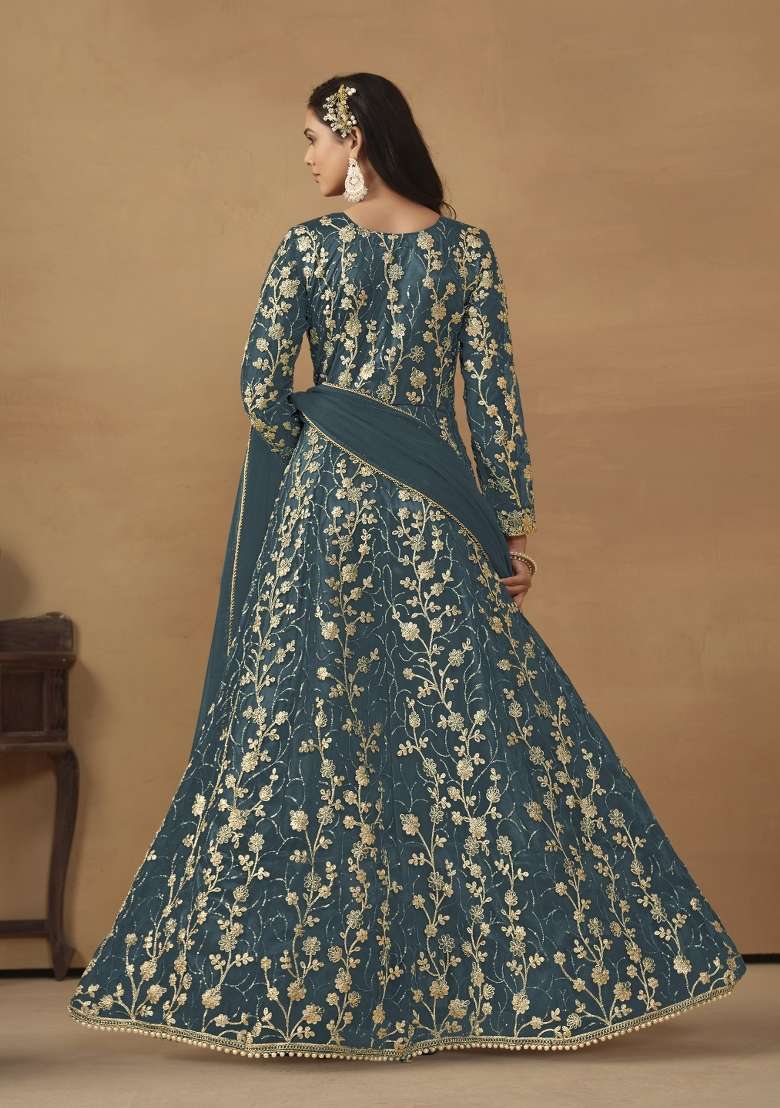 Dark Grey Embroidered Net Anarkali Set - Indya