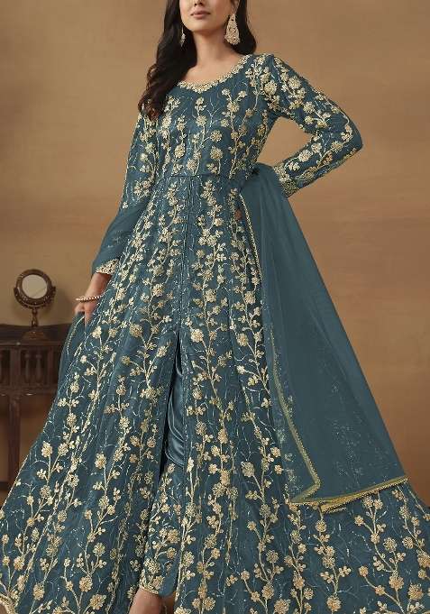 Dark Grey Embroidered Net Anarkali Set
