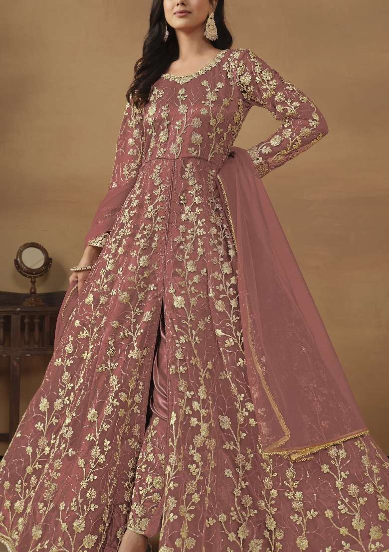 Peach Embroidered Net Anarkali Set - Indya