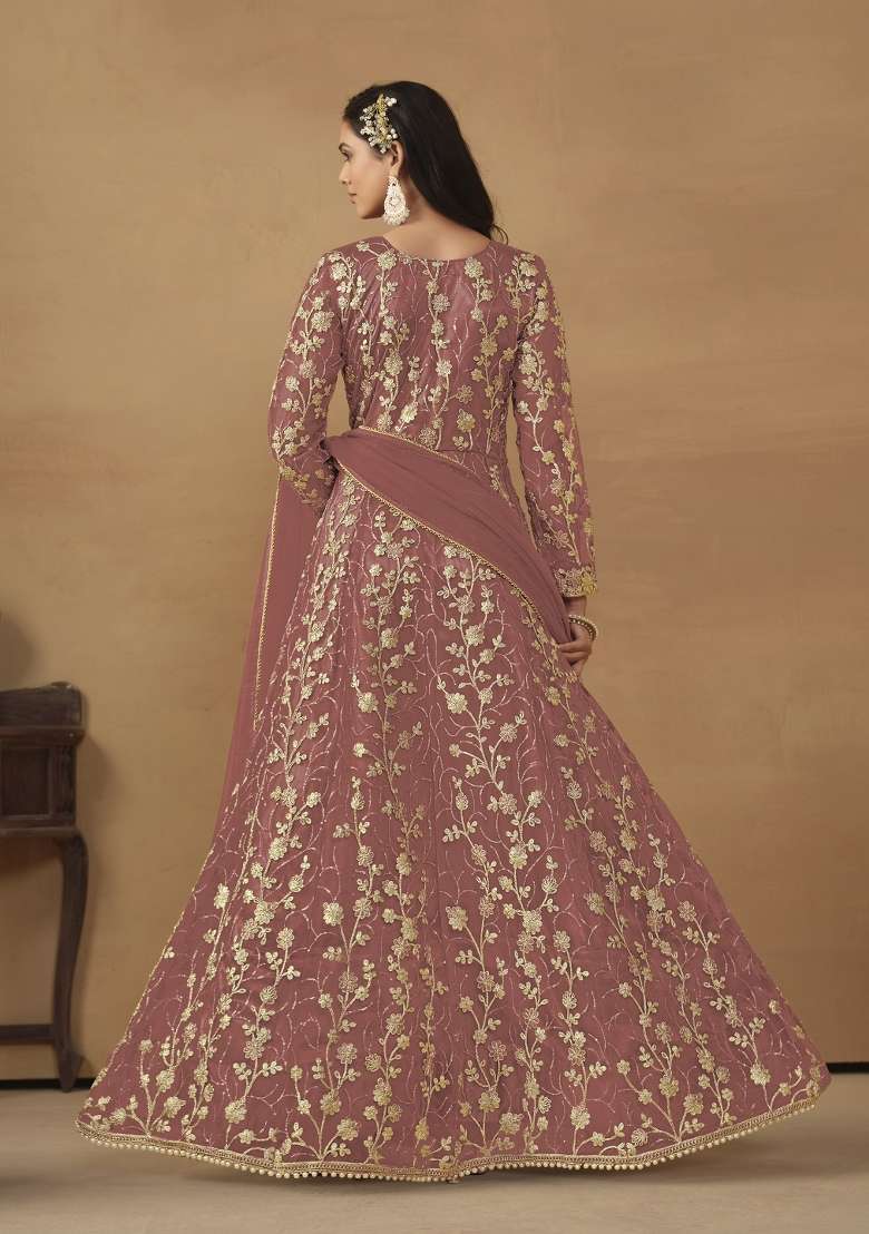 Peach Embroidered Net Anarkali Set - Indya