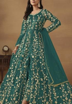 Teal Embroidered Net Anarkali Set