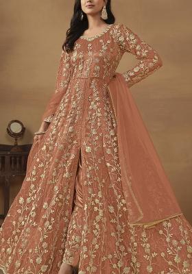 Orange Embroidered Net Anarkali Set